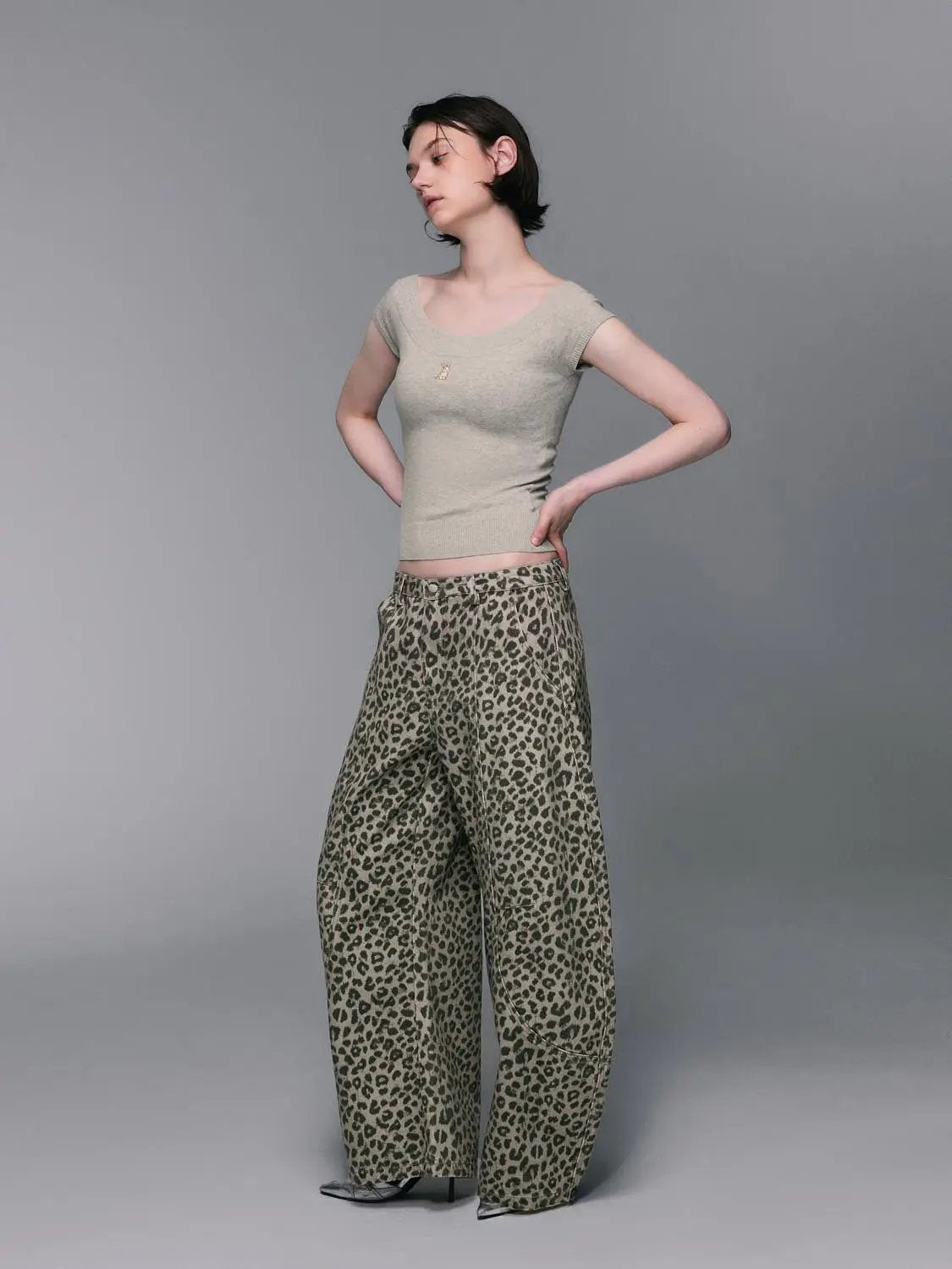 Leopard Print Denim Wide-leg Pants with Patch Pockets