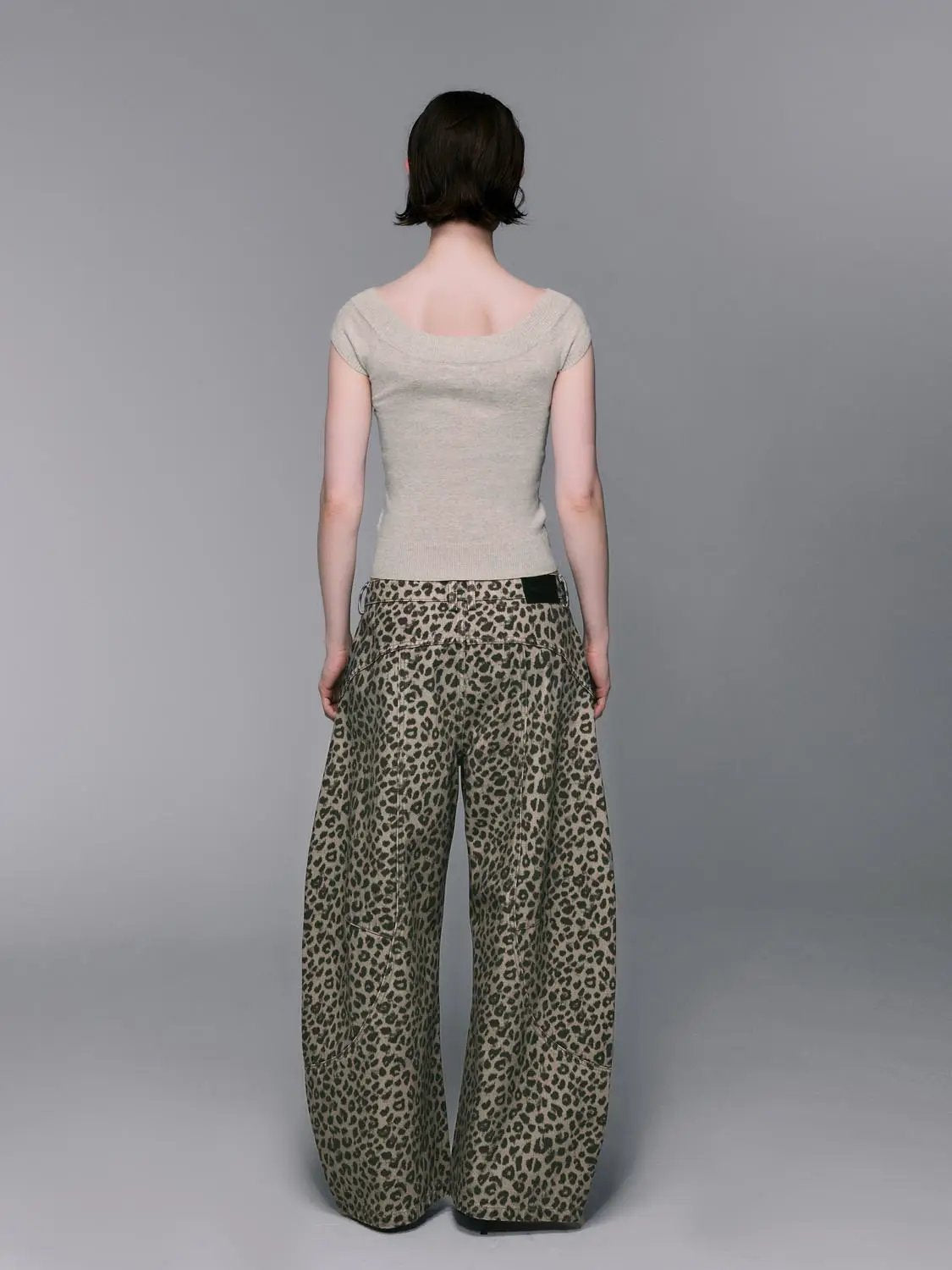 Leopard Print Denim Wide-leg Pants with Patch Pockets