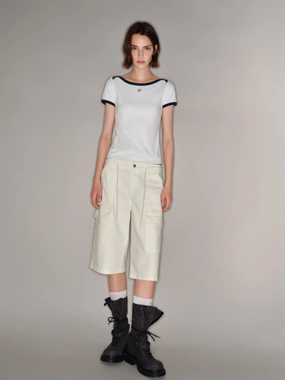 Drawstring Waist Pocket Relaxed Cotton Cargo Bermuda Shorts