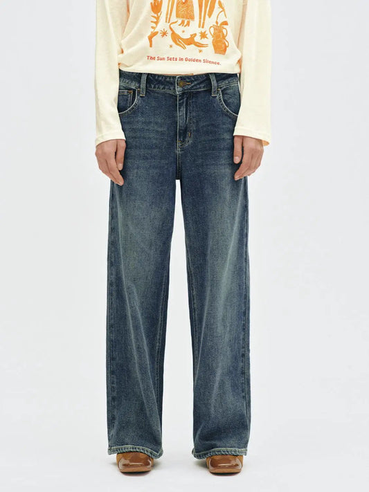 Vintage Washed Wide-leg Mid-rise Cotton Blend Jeans
