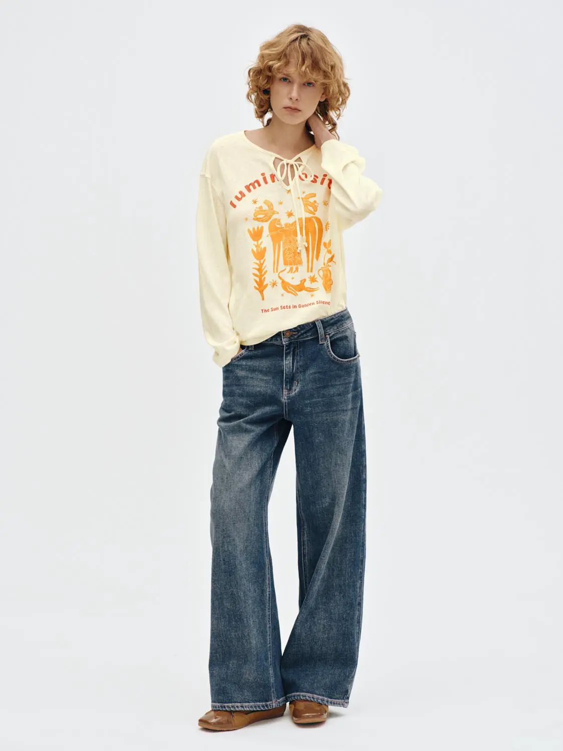 Vintage Washed Wide-leg Mid-rise Cotton Blend Jeans