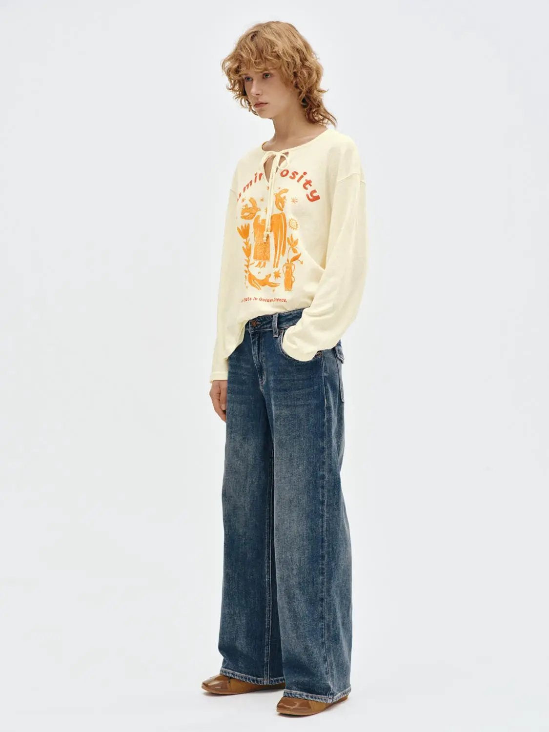Vintage Washed Wide-leg Mid-rise Cotton Blend Jeans