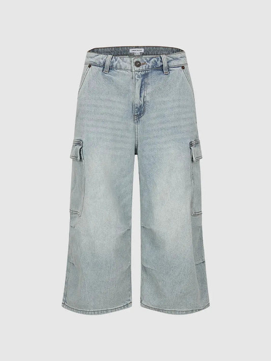 Cargo Light Wash Wide-leg Cotton Blend Capri Jeans