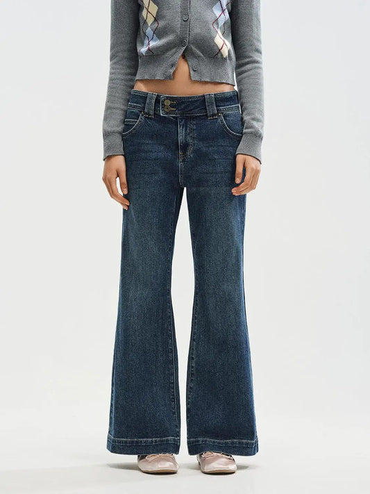 Double Button Wash Cotton Wide-leg Jeans