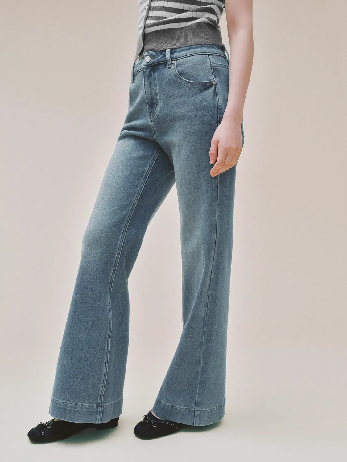Washed High-waisted Wide-leg Cotton Blend Jeans