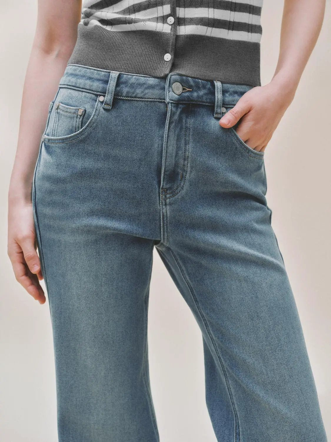 Washed High-waisted Wide-leg Cotton Blend Jeans