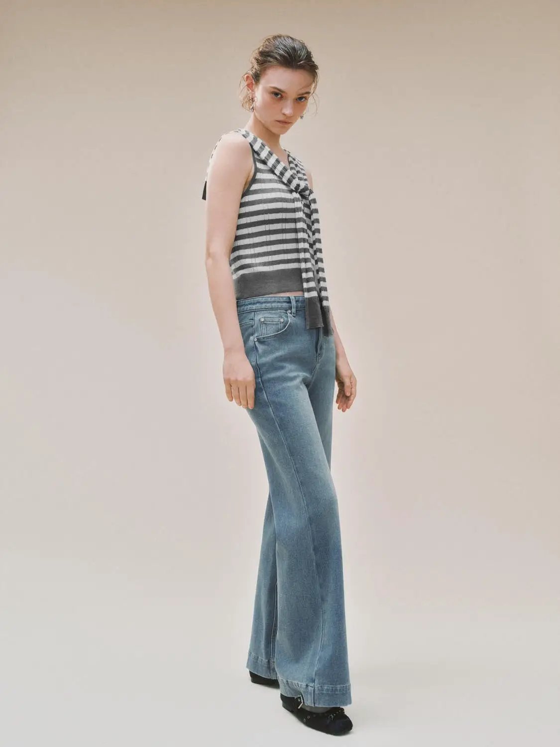 Washed High-waisted Wide-leg Cotton Blend Jeans