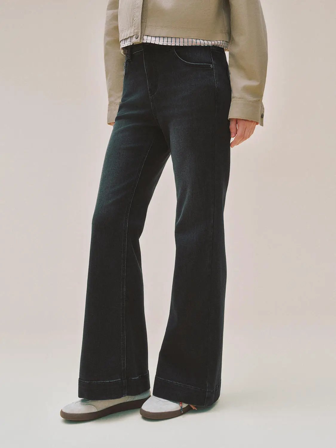 Wash Cuffed Flare High-waisted Cotton Blend Jeans