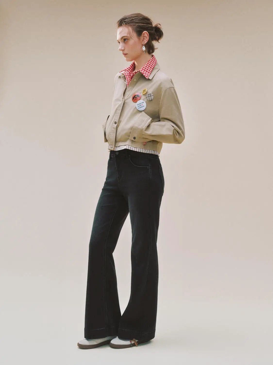 Wash Cuffed Flare High-waisted Cotton Blend Jeans