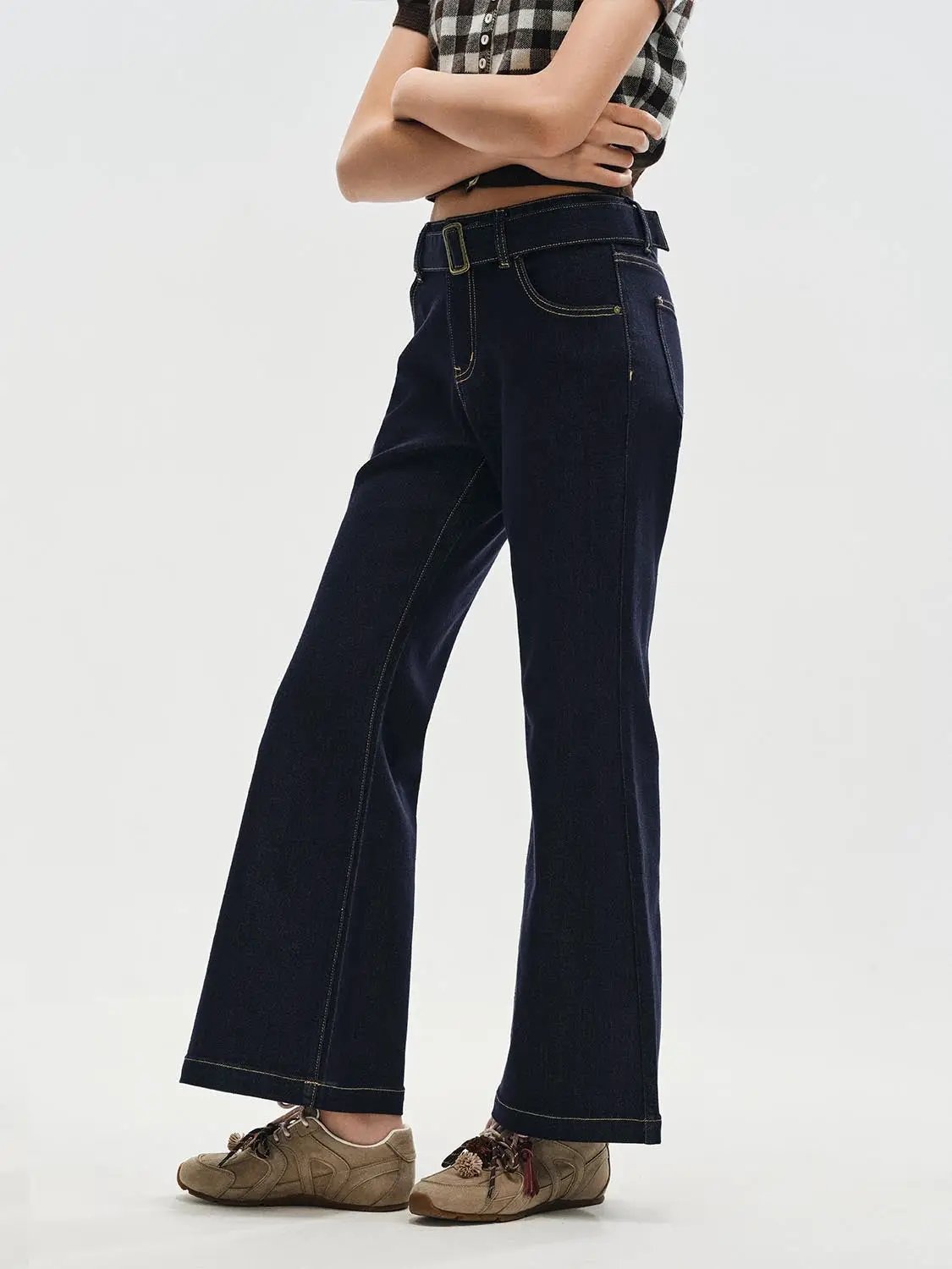Wash Belted High-waisted Flared Jeans