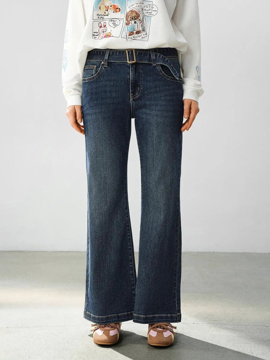 Belted Wide-leg High-waisted Cotton Blend Jeans