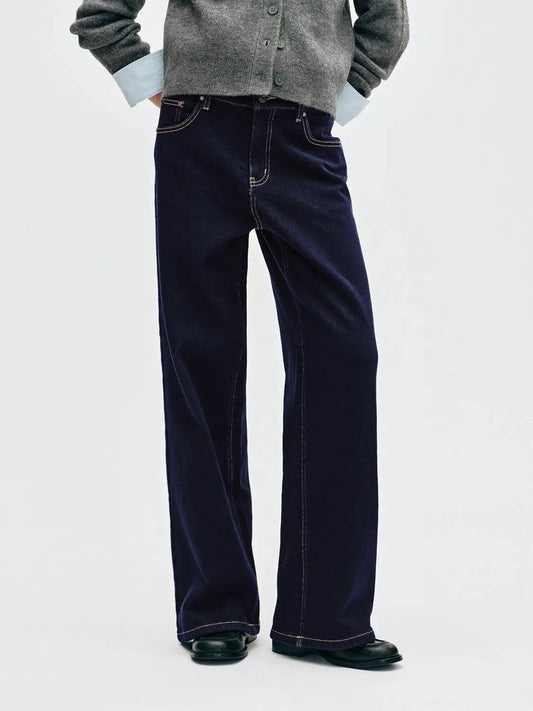 Wash Contrast Stitching Wide-leg Cotton Blend Jeans