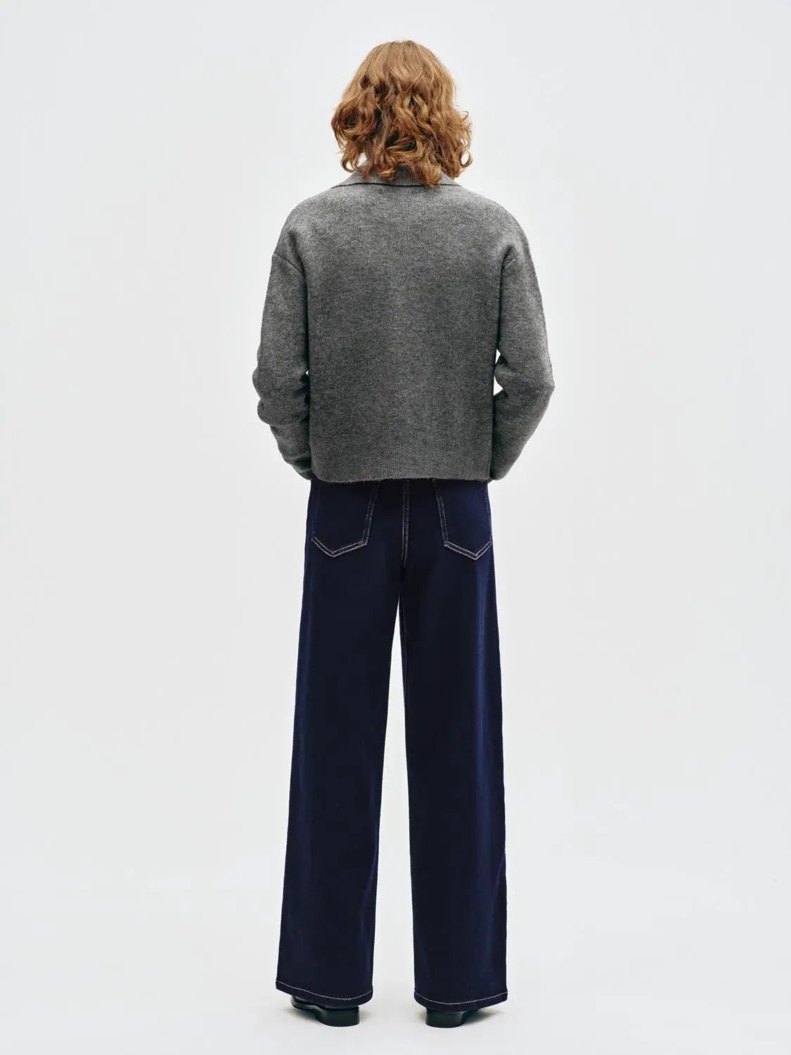 Wash Contrast Stitching Wide-leg Cotton Blend Jeans