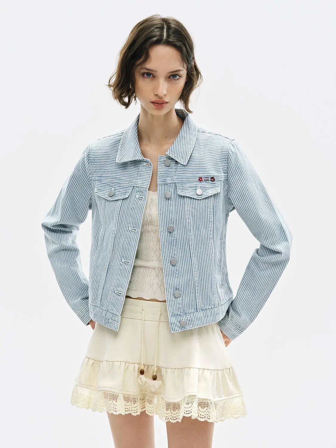 Striped Shirt Collar Long Sleeve Cotton Denim Jacket