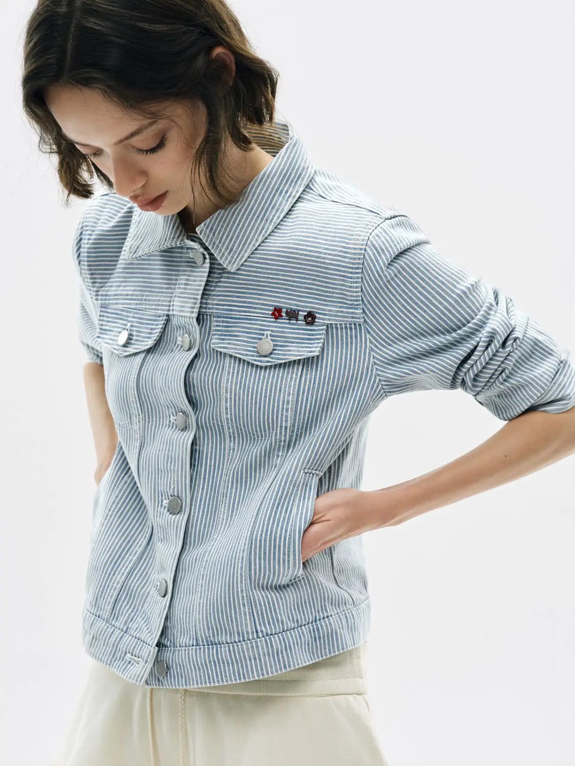 Striped Shirt Collar Long Sleeve Cotton Denim Jacket