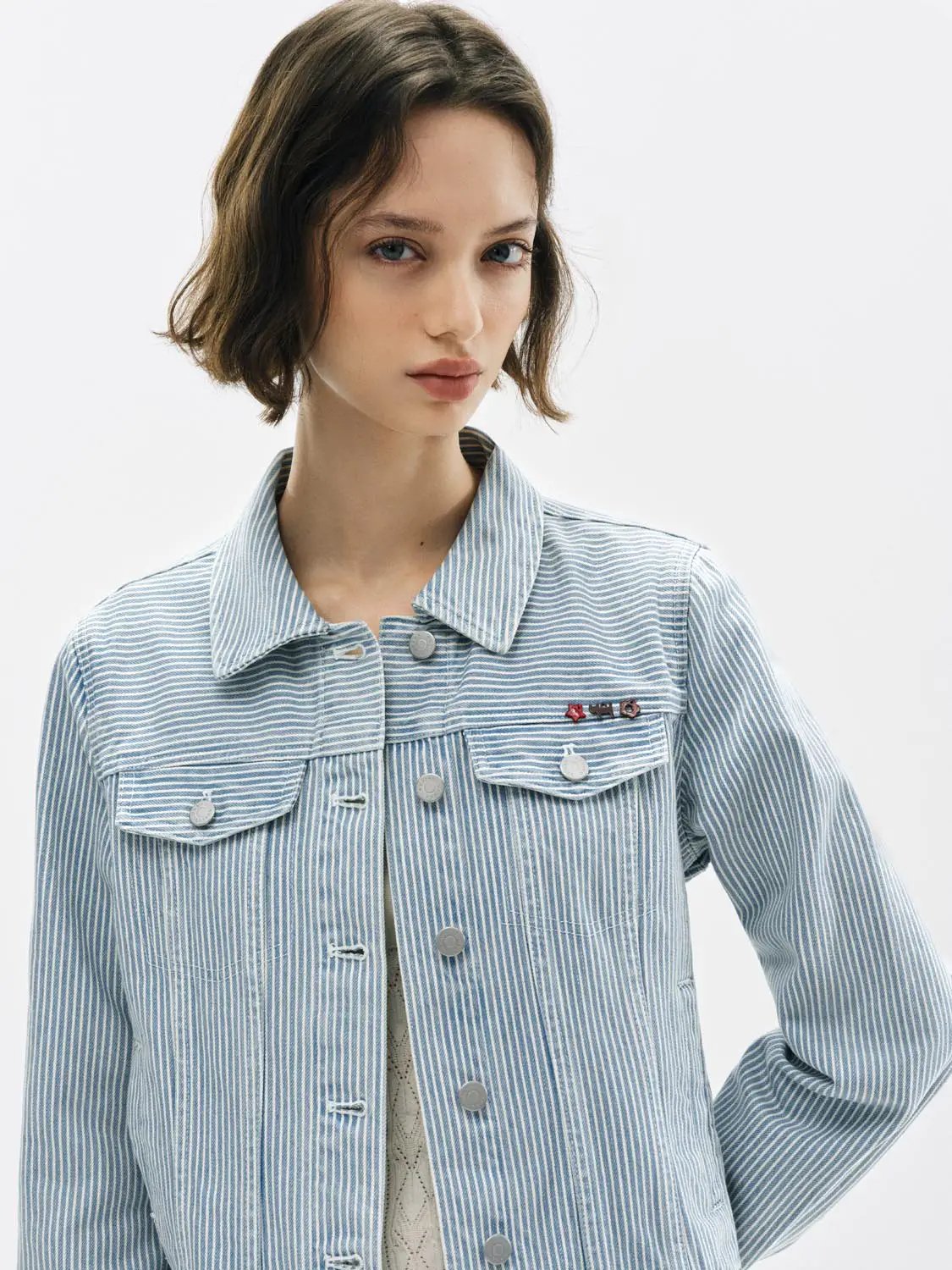 Striped Shirt Collar Long Sleeve Cotton Denim Jacket