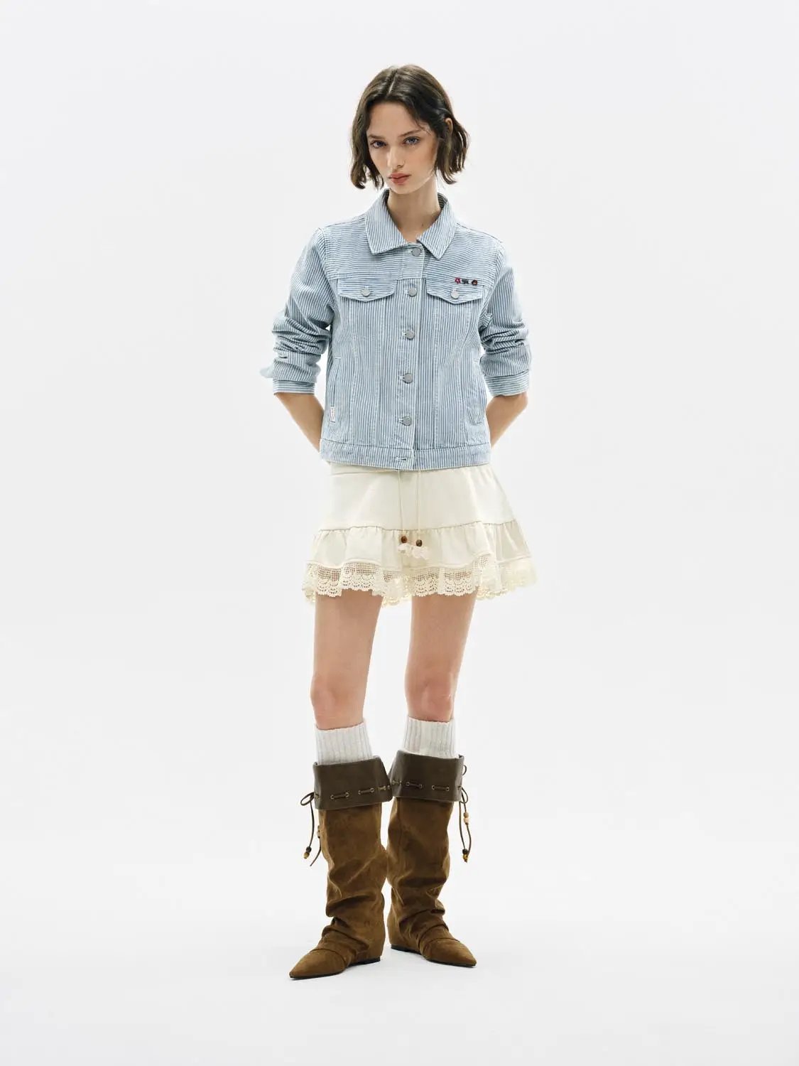 Striped Shirt Collar Long Sleeve Cotton Denim Jacket