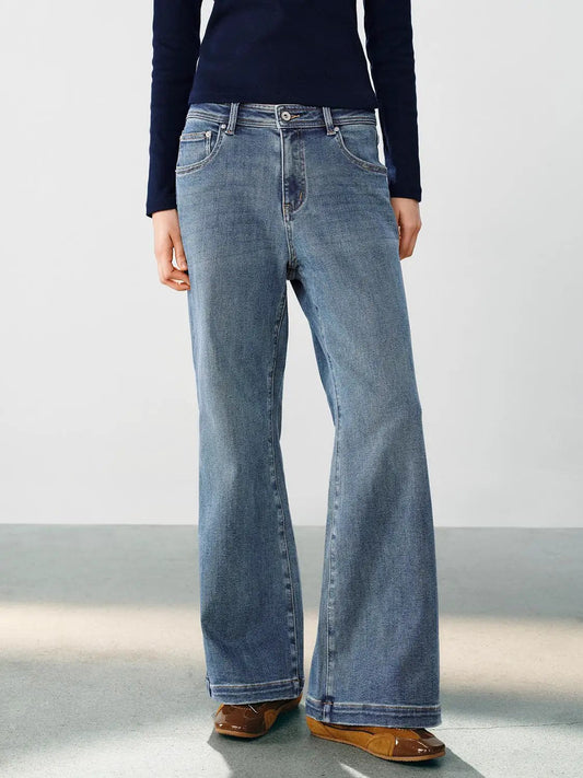 Faded Blue Wide-leg High-waisted Cotton Blend Jeans