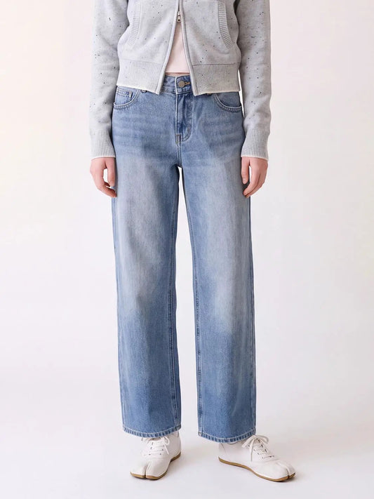 Medium Wash Faded Straight Leg Relaxed Cotton Jeans