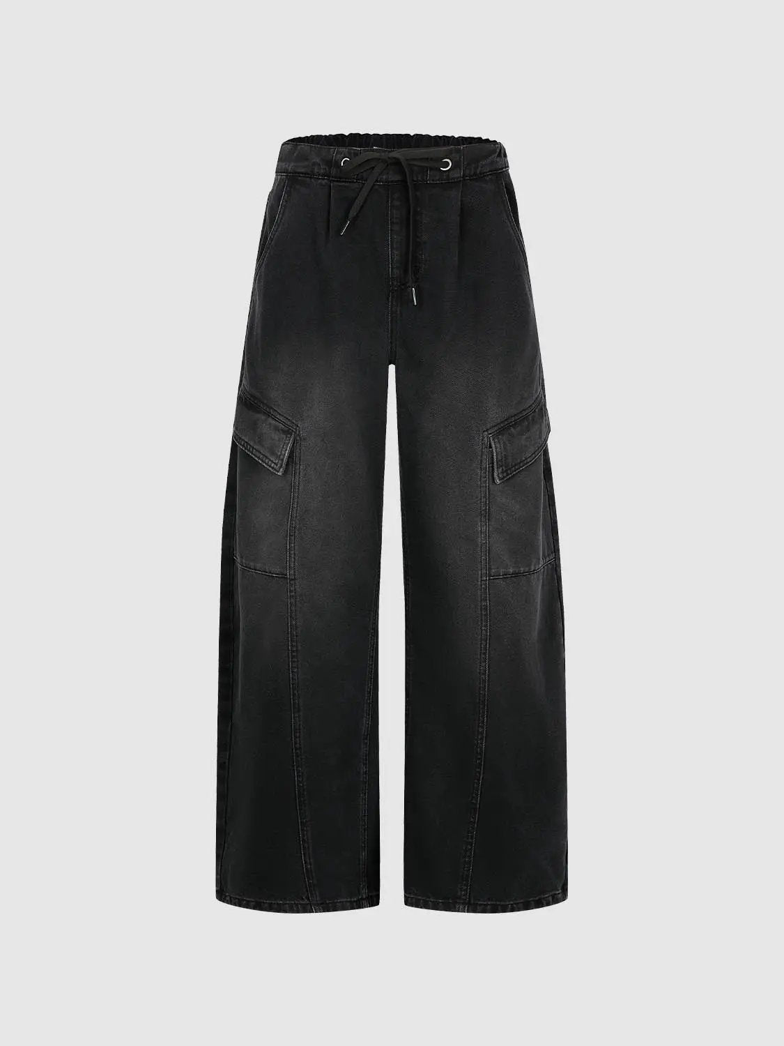 Cargo Washed Wide-leg Drawstring Cotton Jeans