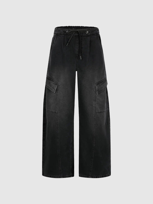 Cargo Washed Wide-leg Drawstring Cotton Jeans