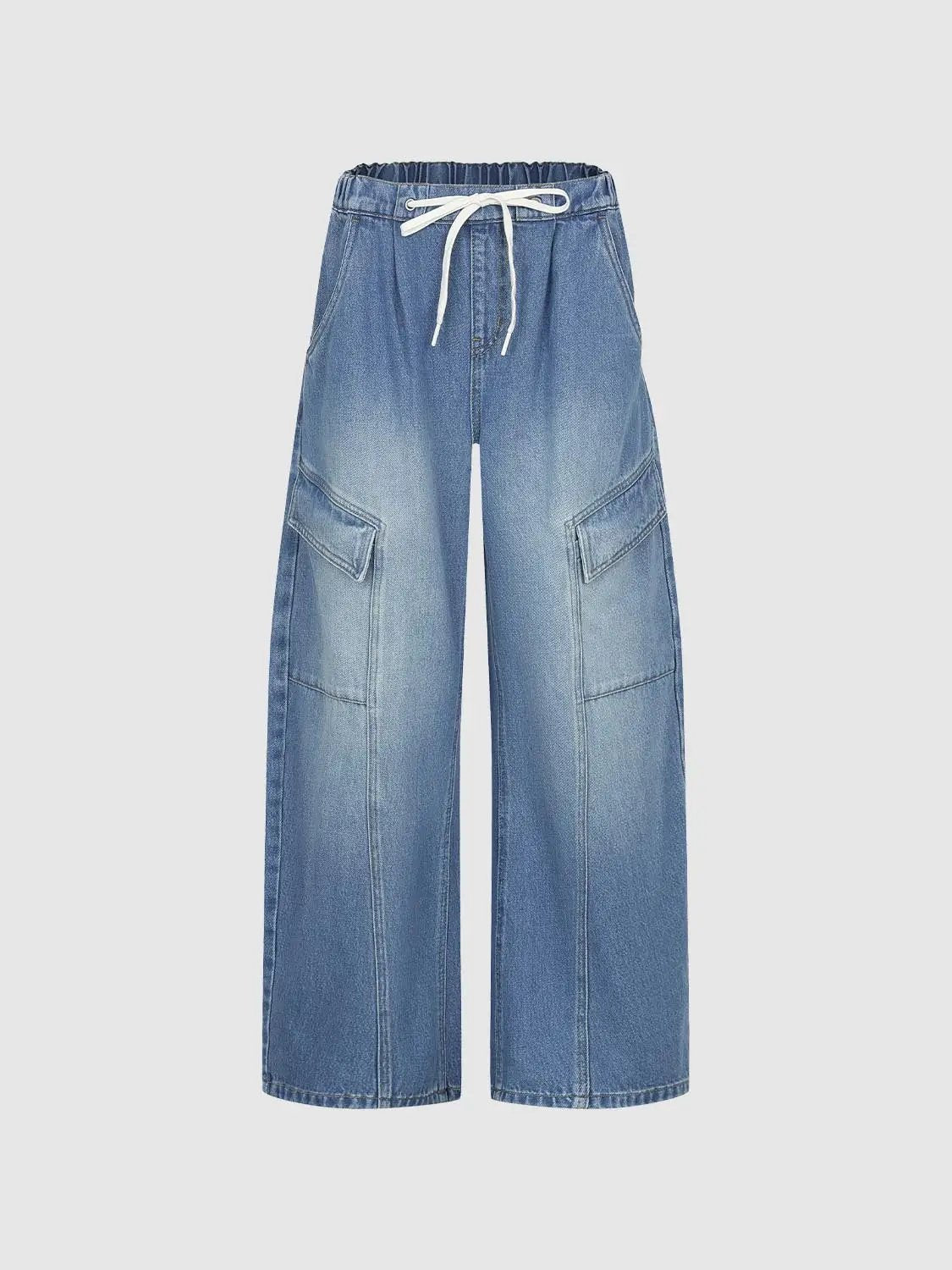 Cargo Wide-leg Drawstring Waist Cotton Jeans