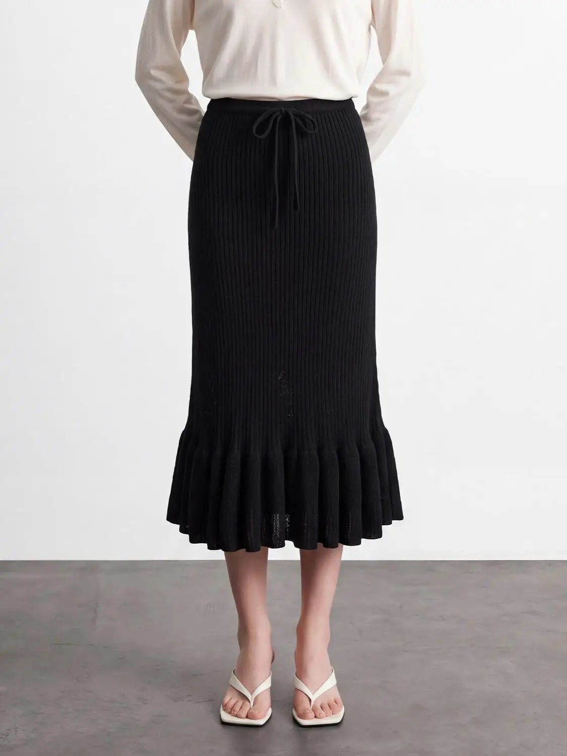 Ruffle Hem Knitted A-Line Midi Skirts