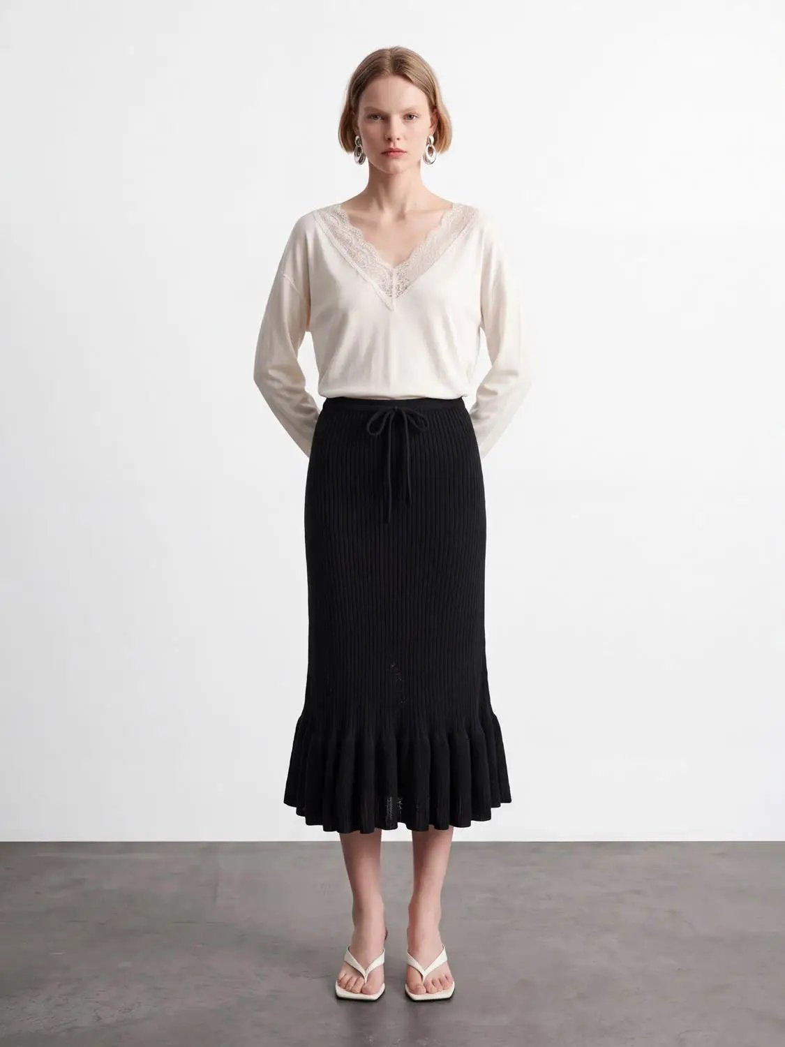 Ruffle Hem Knitted A-Line Midi Skirts
