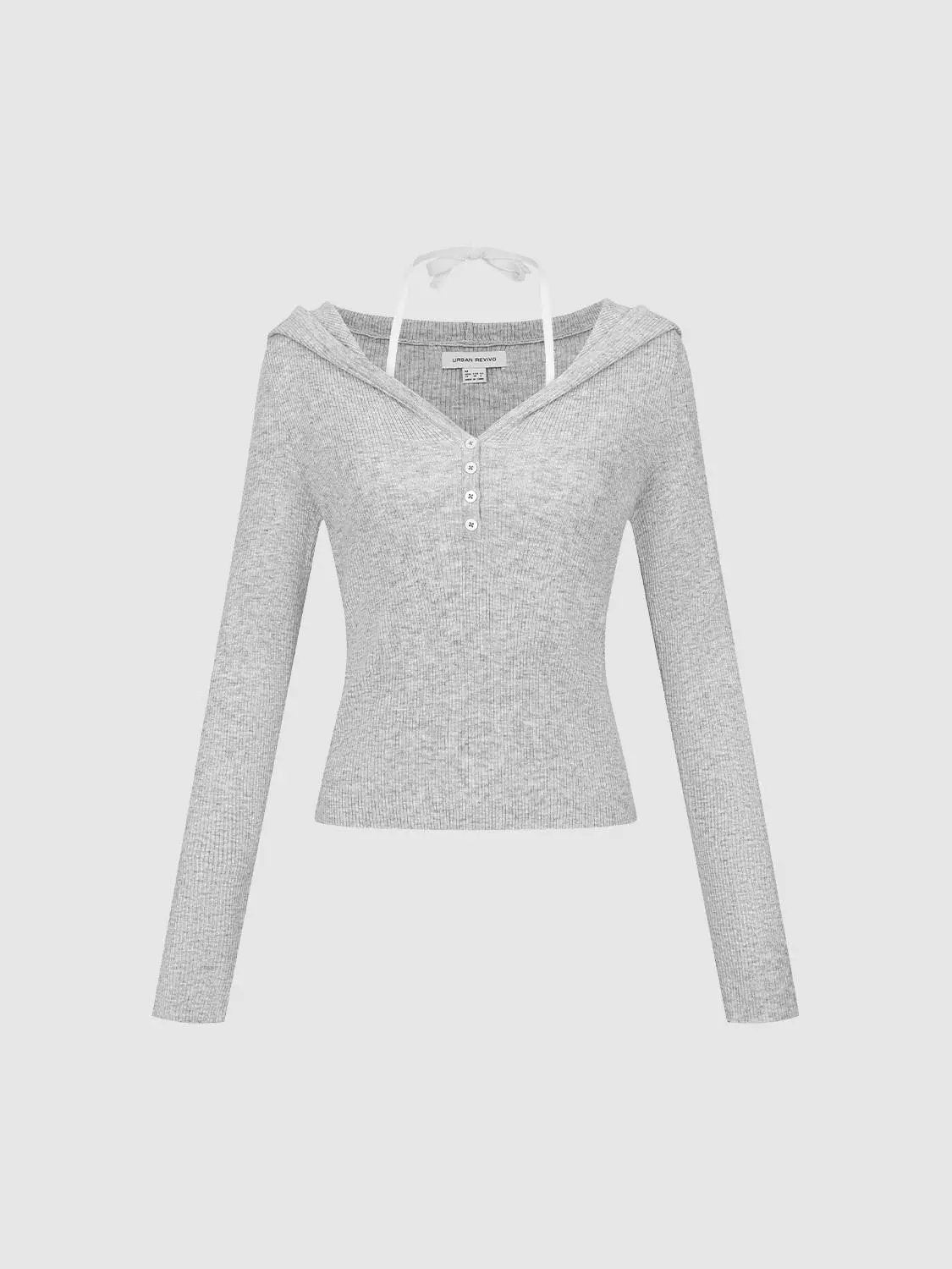 2-In-1 Hooded Henley Collar Ribbed Knit Long Sleeve Top