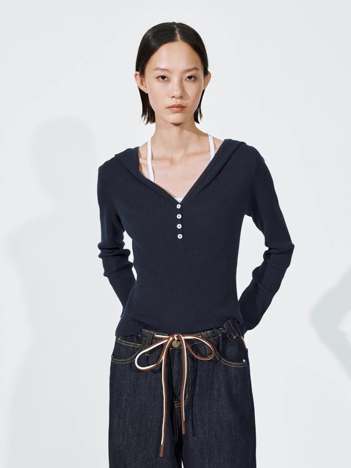 2-In-1 Hooded Henley Collar Ribbed Knit Long Sleeve Top