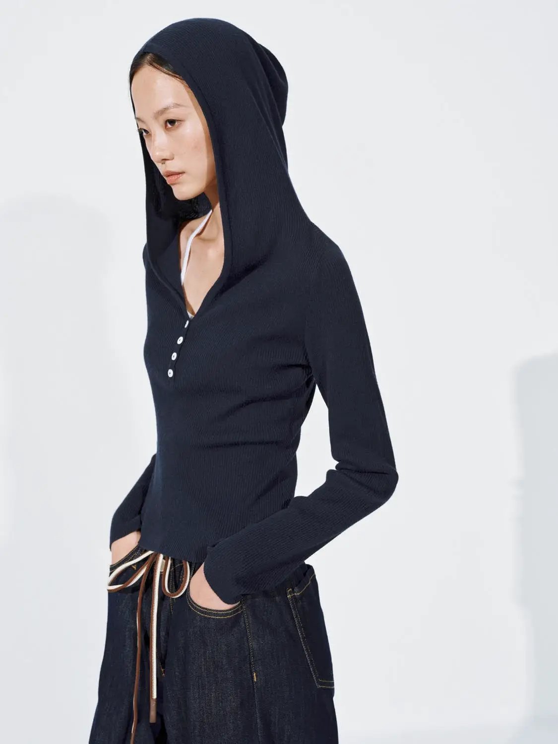 2-In-1 Hooded Henley Collar Ribbed Knit Long Sleeve Top