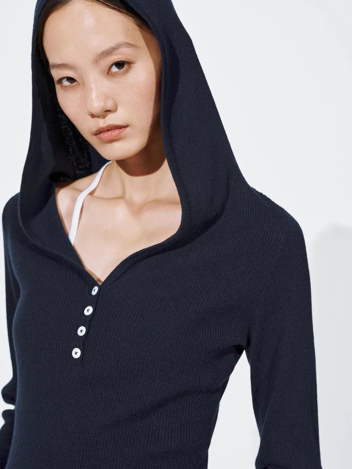 2-In-1 Hooded Henley Collar Ribbed Knit Long Sleeve Top