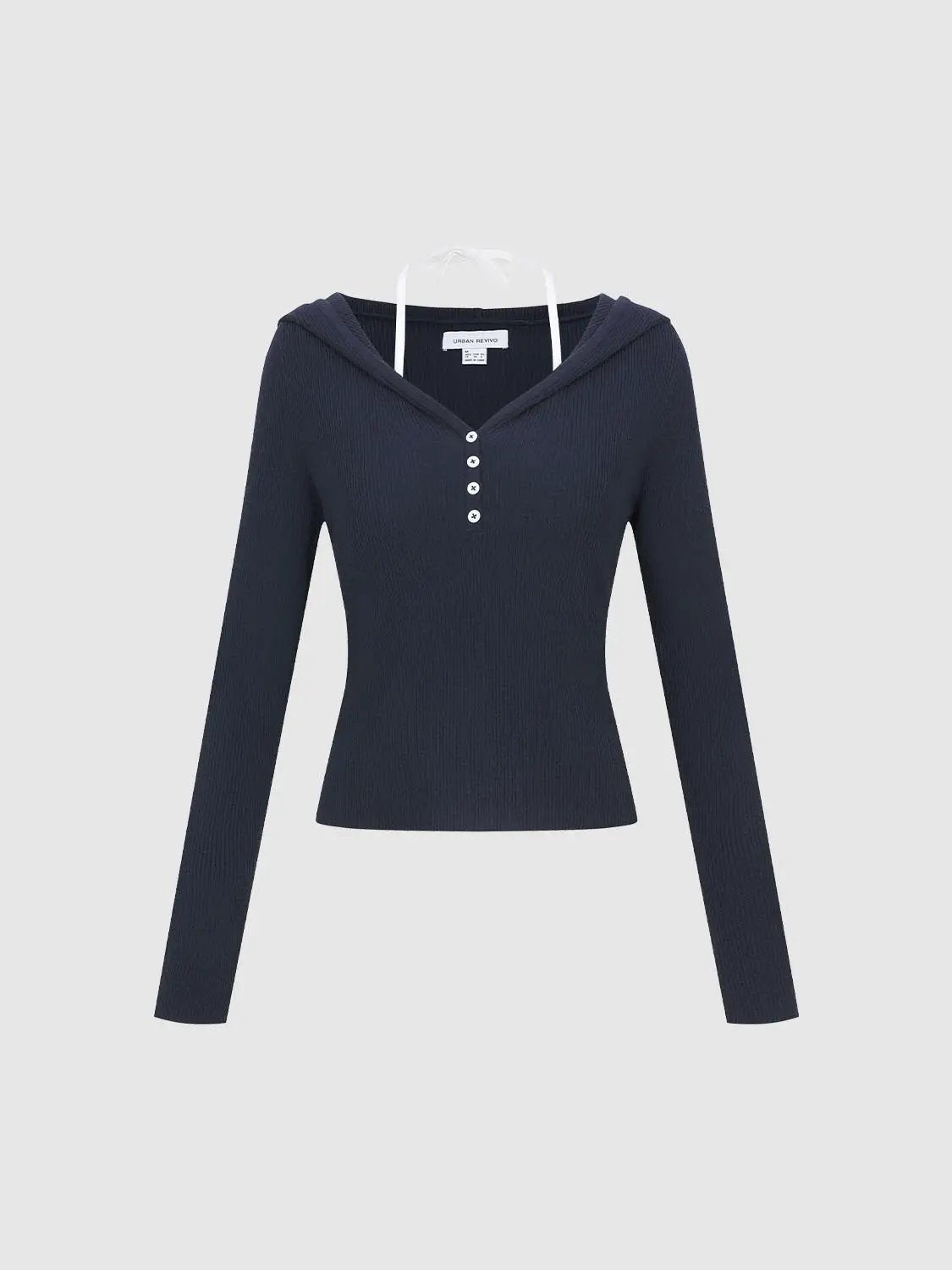 2-In-1 Hooded Henley Collar Ribbed Knit Long Sleeve Top