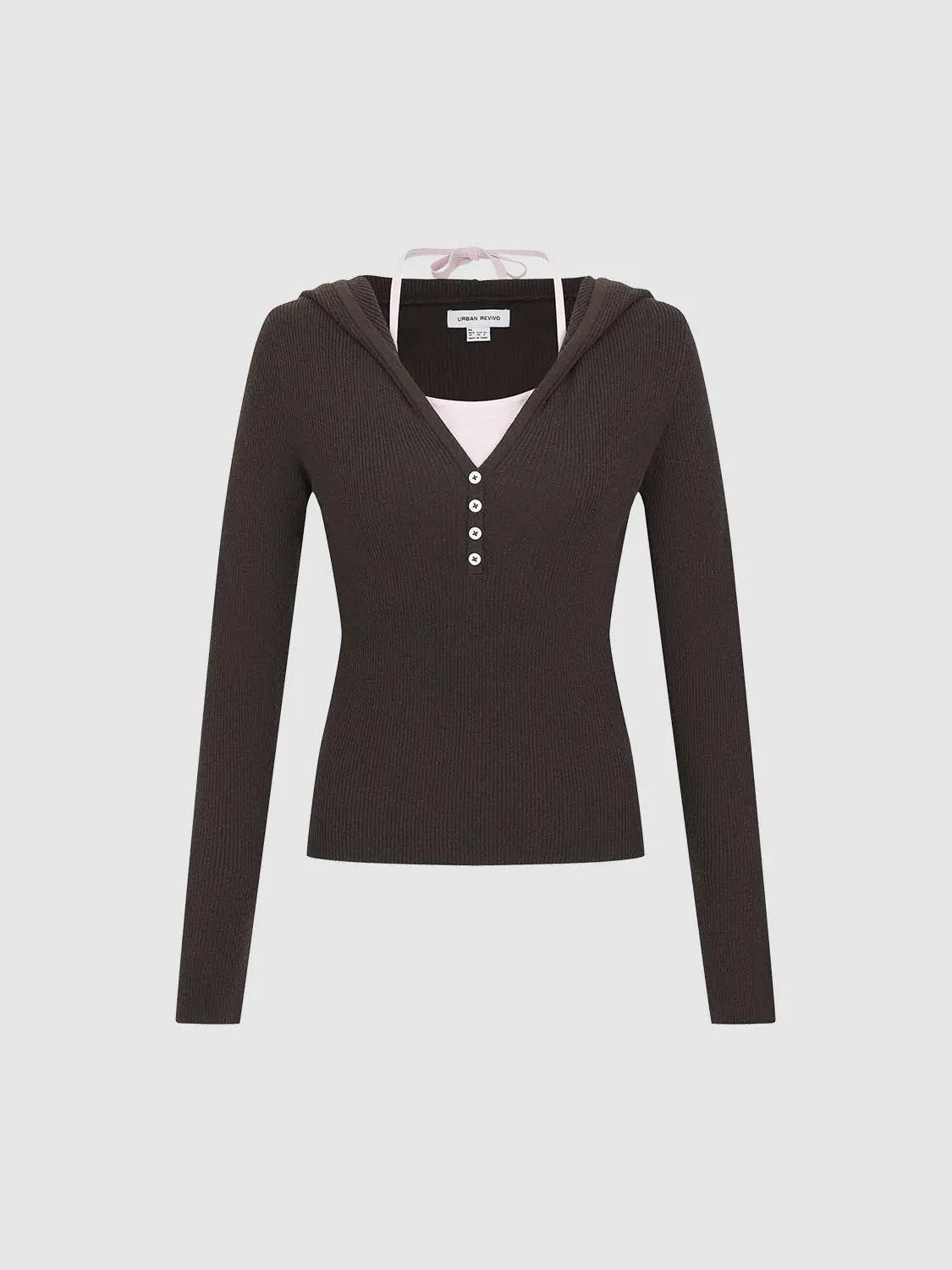 2-In-1 Hooded Henley Collar Ribbed Knit Long Sleeve Top