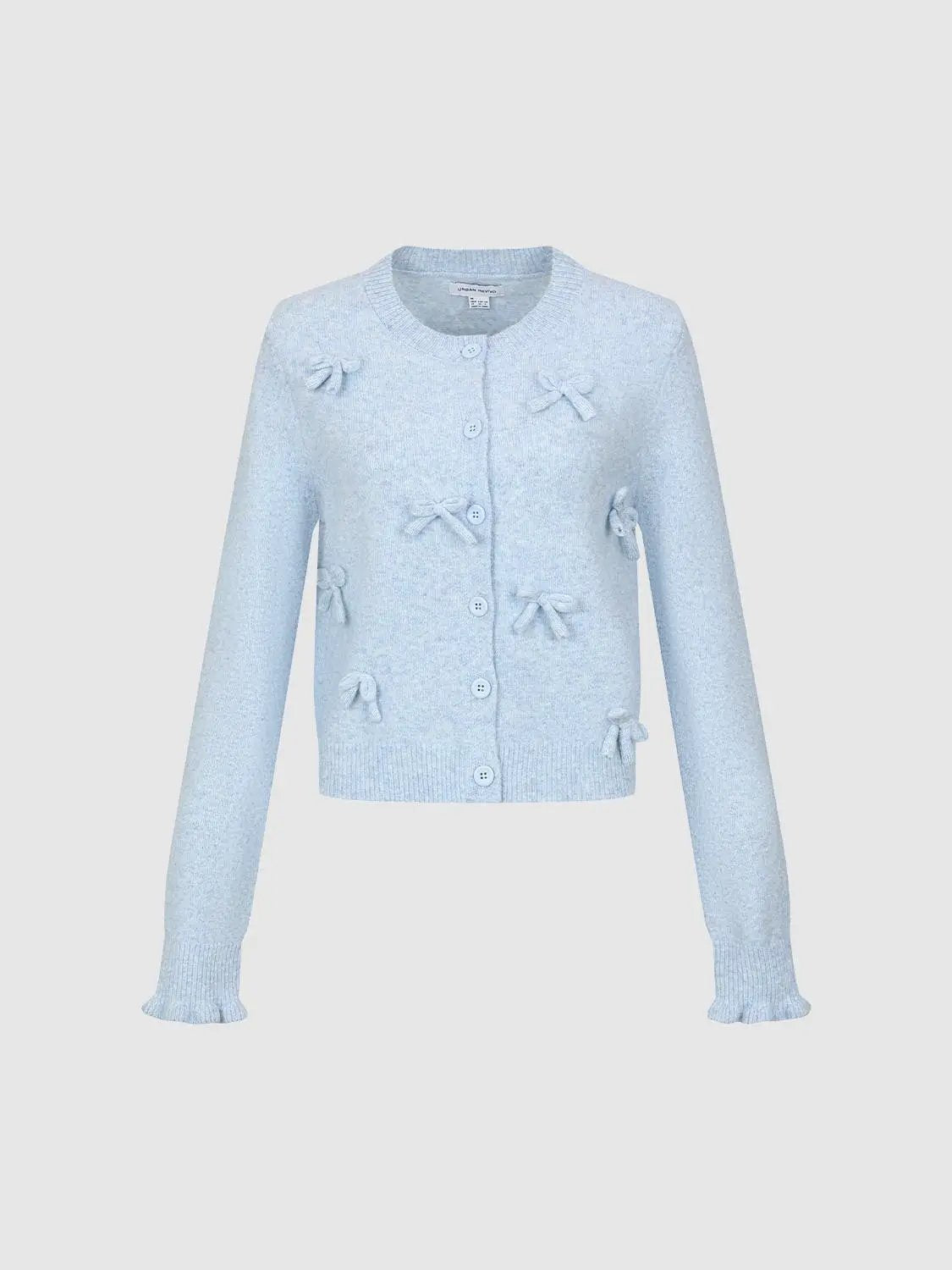 3D Bow Applique Crew Neck Cropped Knit Cardigan