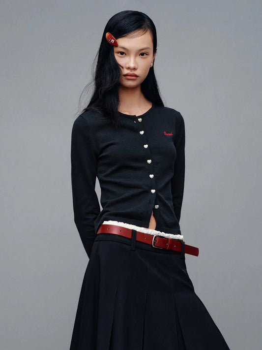 Ruched Front Crew Neck Embroidered Knitted Cotton Cardigan