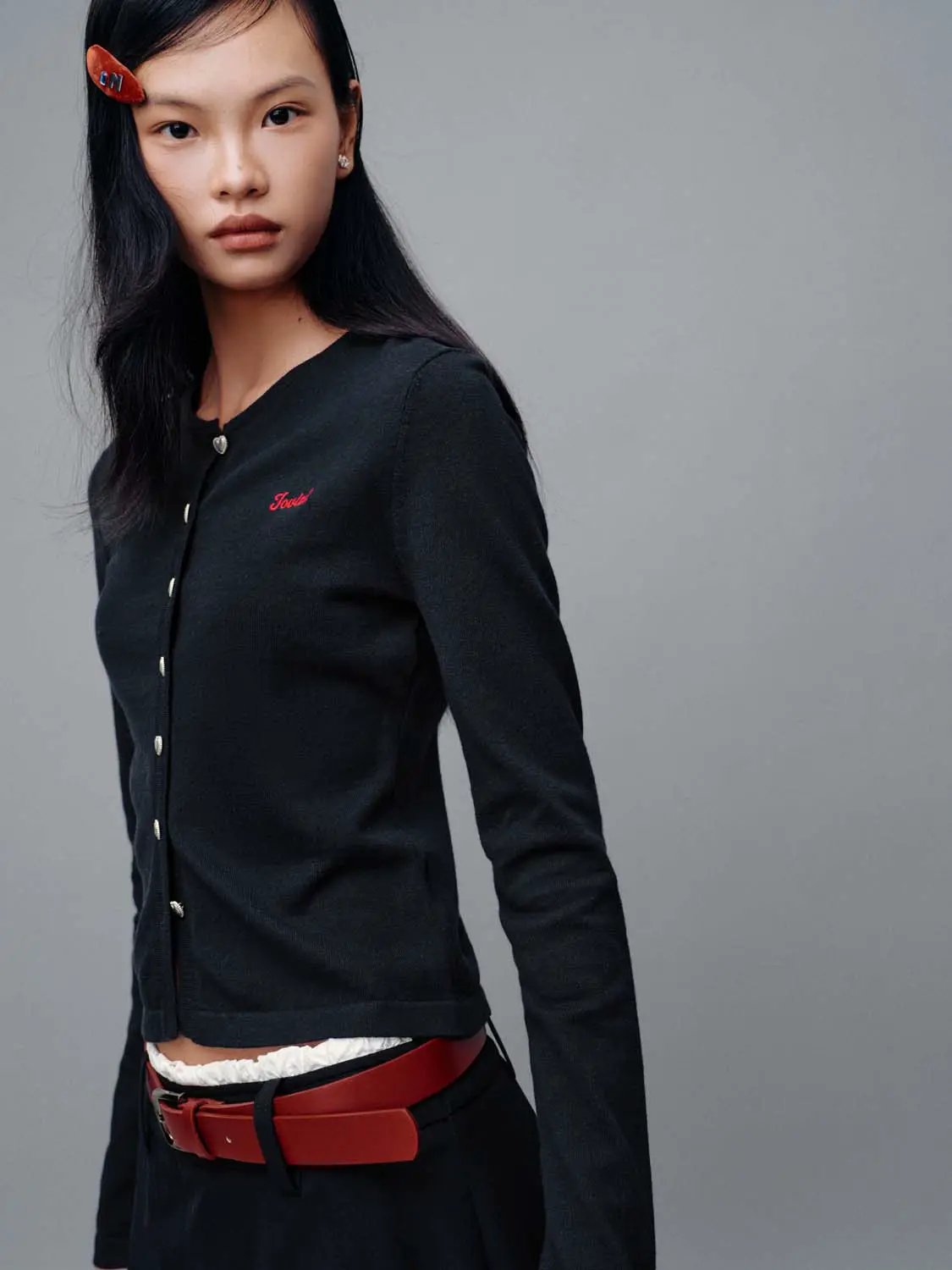 Ruched Front Crew Neck Embroidered Knitted Cotton Cardigan