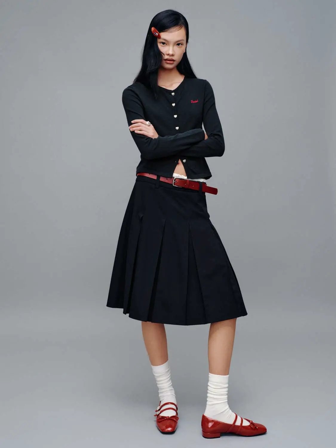 Ruched Front Crew Neck Embroidered Knitted Cotton Cardigan