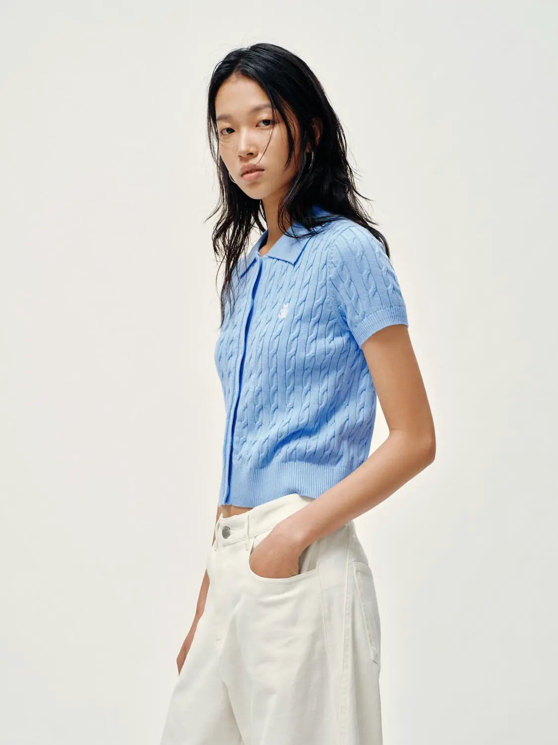 Polo Collar Cable Knit Button Front Cropped Cotton Top