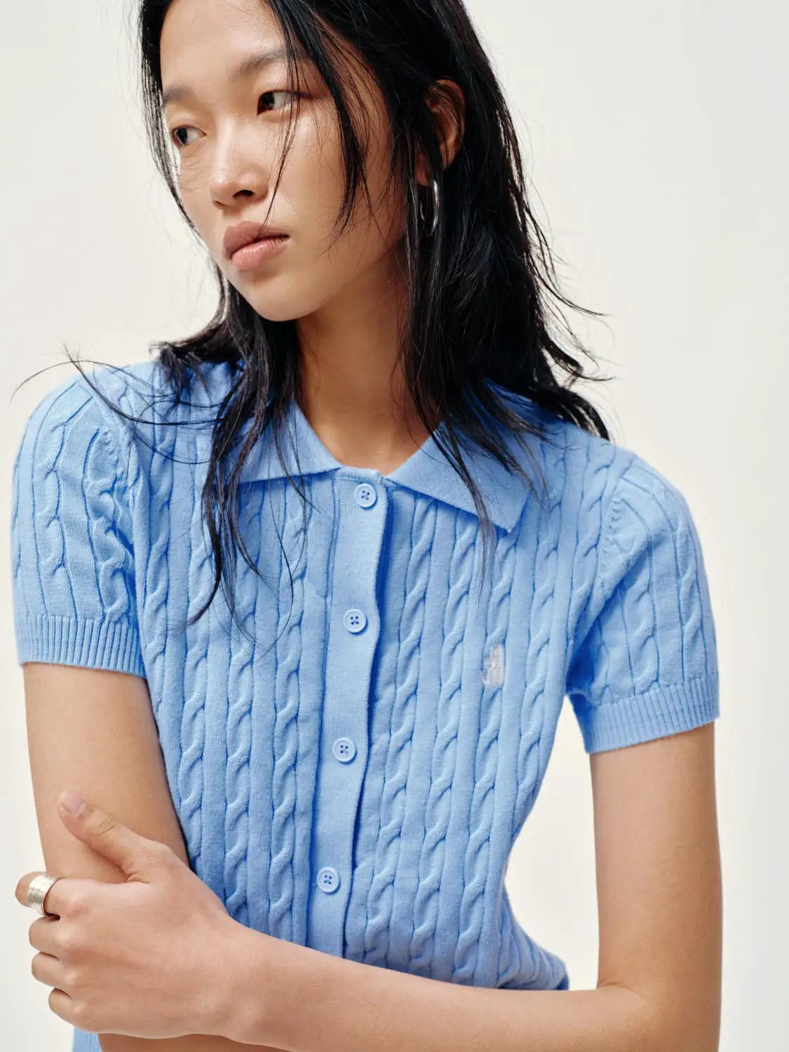 Polo Collar Cable Knit Button Front Cropped Cotton Top