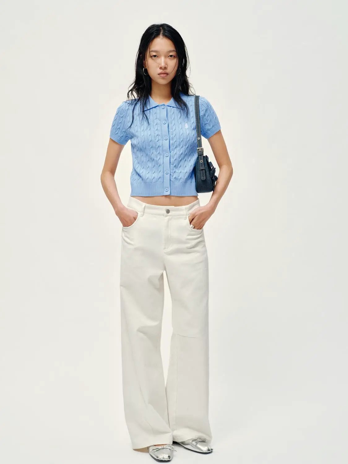 Polo Collar Cable Knit Button Front Cropped Cotton Top