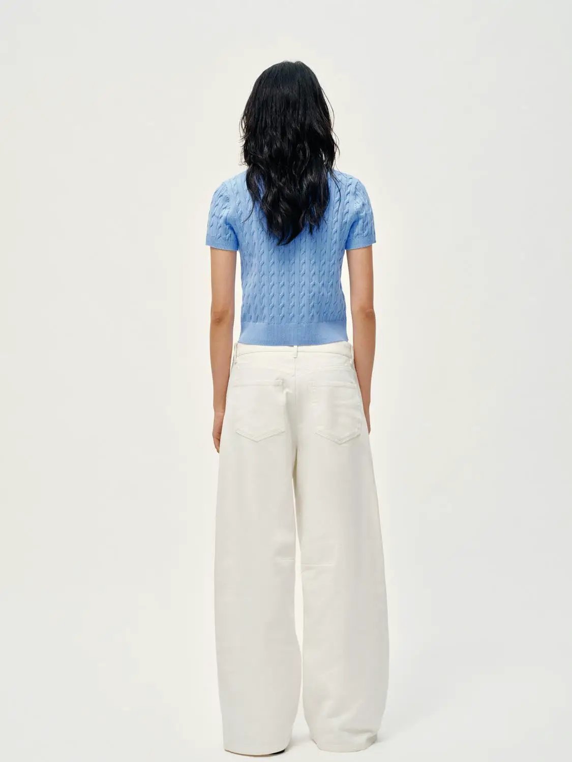 Polo Collar Cable Knit Button Front Cropped Cotton Top