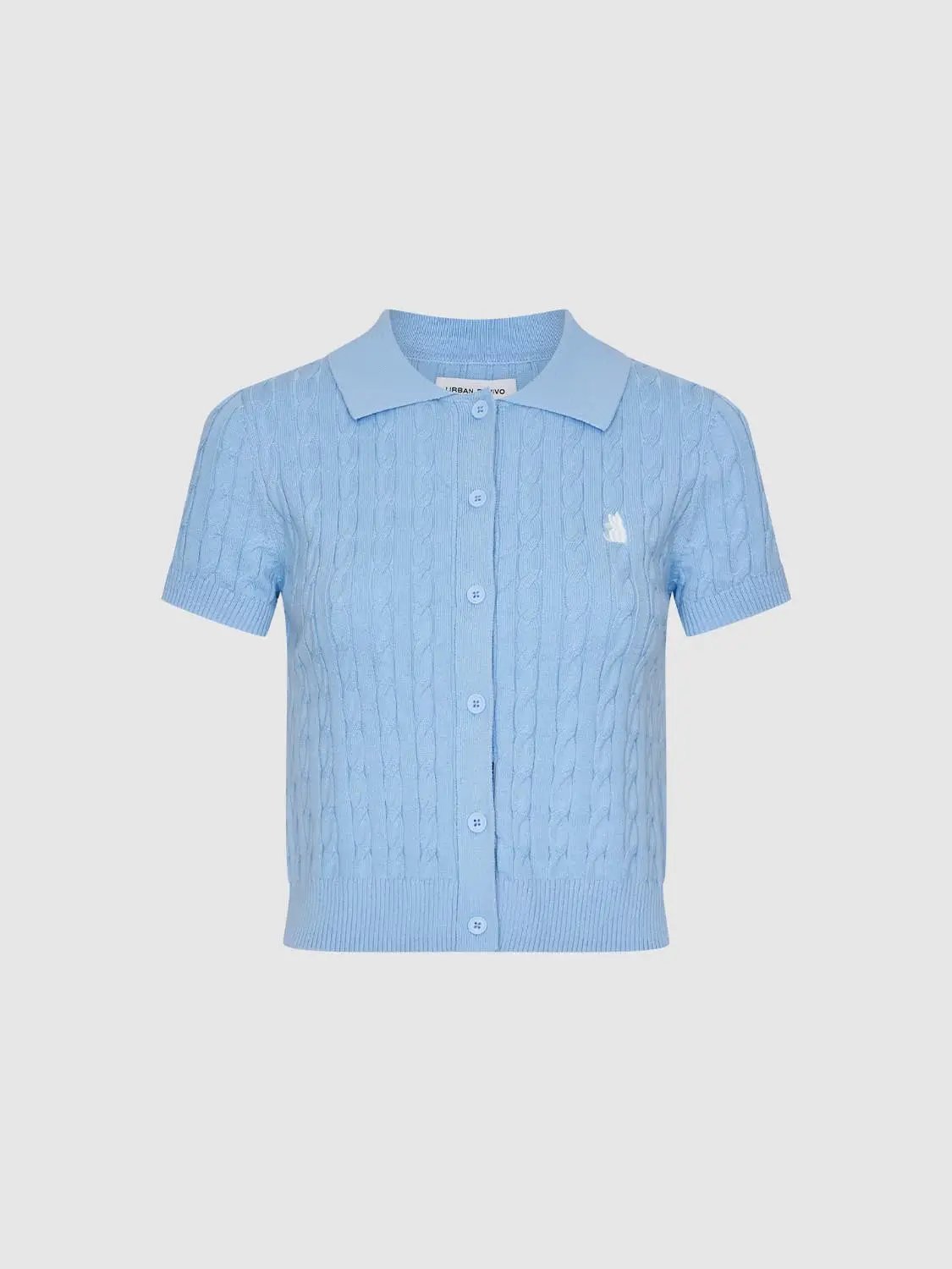 Polo Collar Cable Knit Button Front Cropped Cotton Top