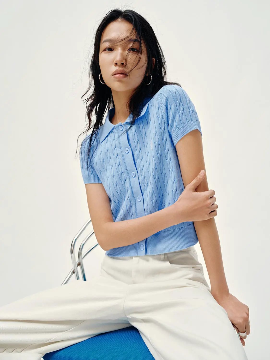 Polo Collar Cable Knit Button Front Cropped Cotton Top