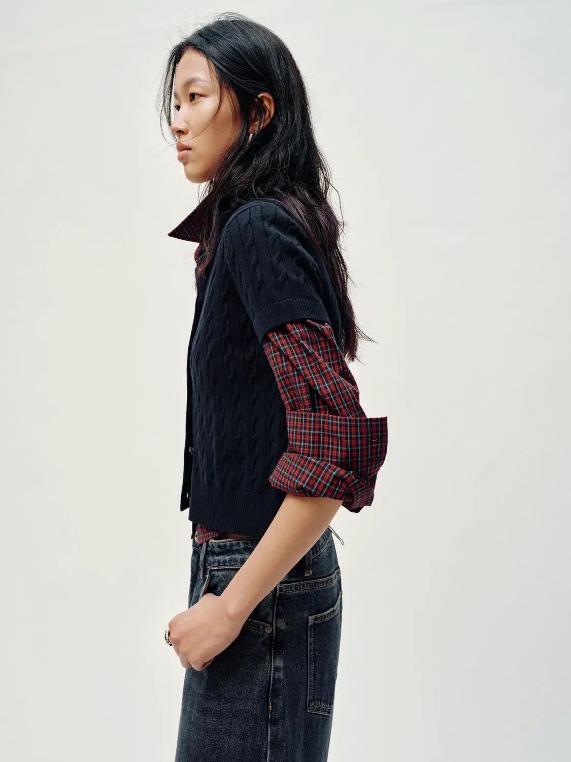 Polo Collar Cable Knit Button Front Cropped Cotton Top