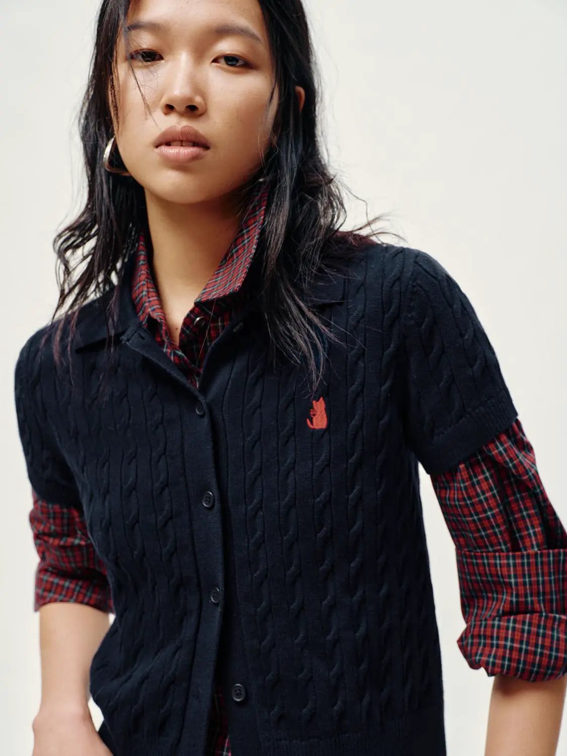 Polo Collar Cable Knit Button Front Cropped Cotton Top