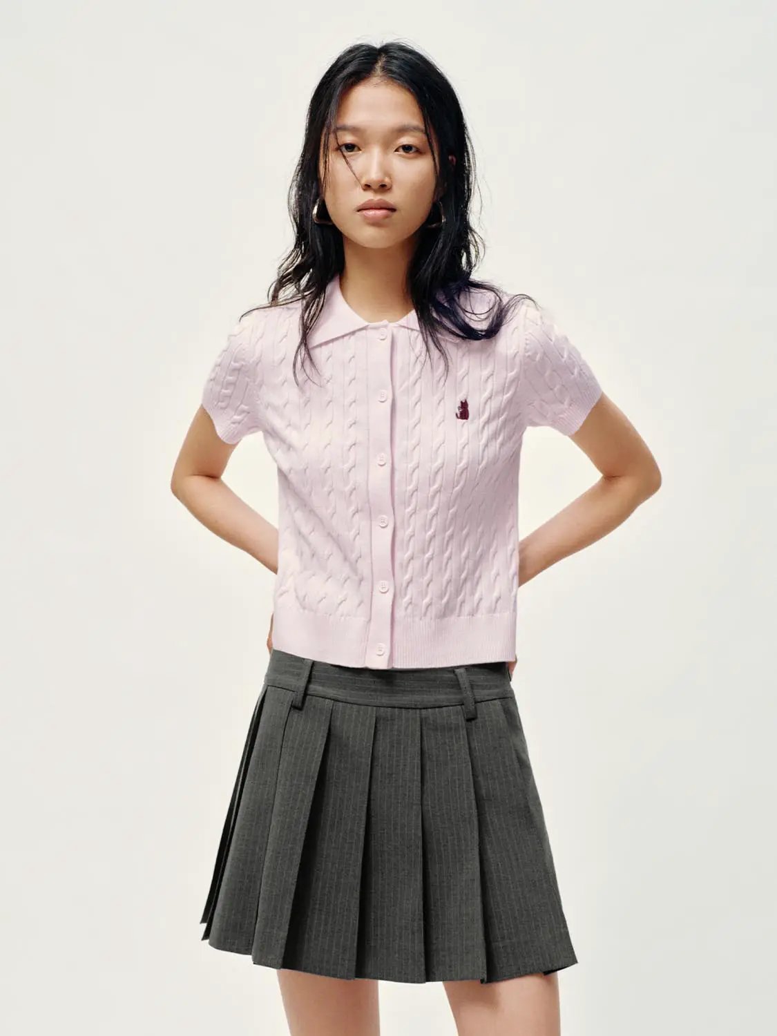 Polo Collar Cable Knit Button Front Cropped Cotton Top