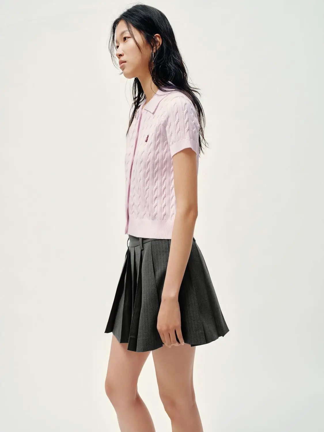 Polo Collar Cable Knit Button Front Cropped Cotton Top