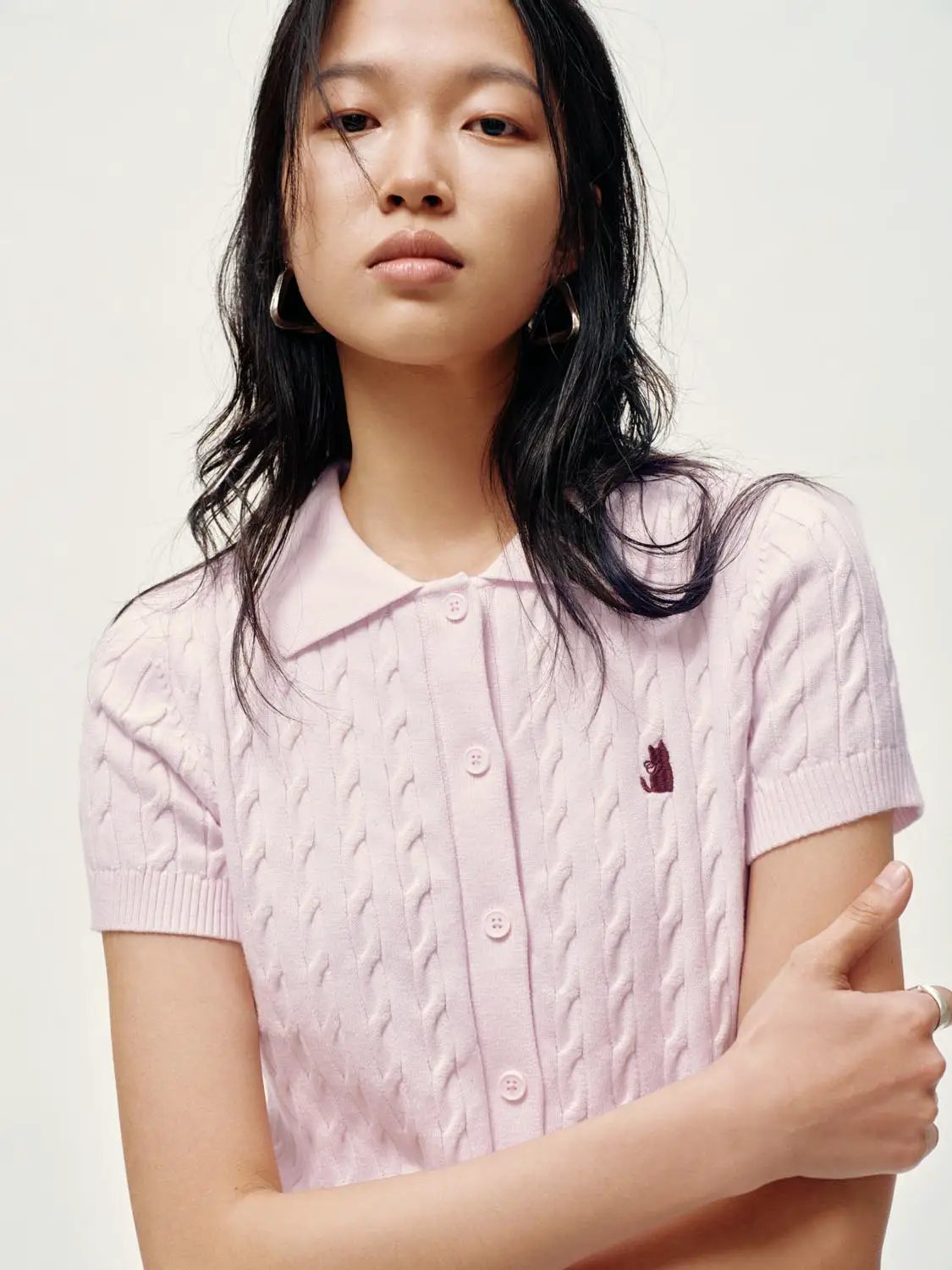 Polo Collar Cable Knit Button Front Cropped Cotton Top