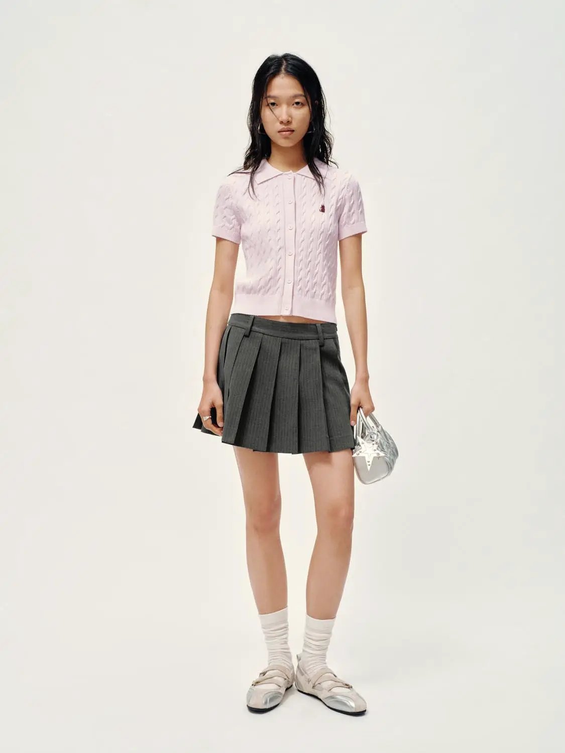 Polo Collar Cable Knit Button Front Cropped Cotton Top